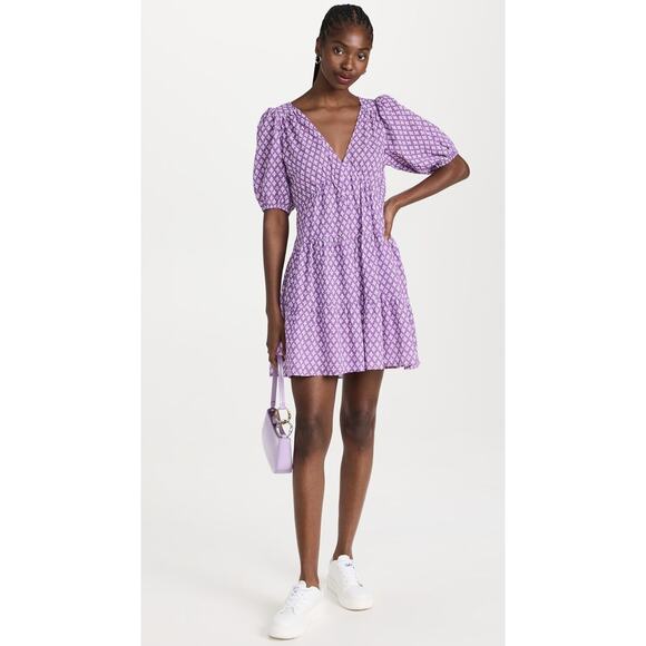 NWOT XIRENA Puff-Sleeve Nissa Babydoll Mini Dress in Purple Clover Print - Picture 2 of 15